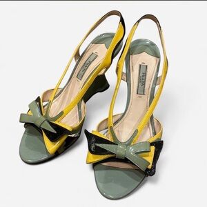 SS12 Hot Rod Prada Yellow, Sage Green & Black Patent Leather Bow Slingback Heels